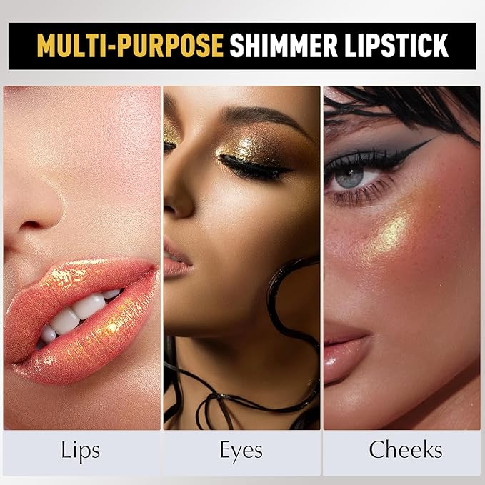 Metallic Lipstick Golden Glitter Lip Stick, Long Lasting Waterproof Shimmer Lipstick for Women Makeup Tinted Lip Balm Creamy Diamond Smooth Full Coverage Lip Color Lightweight Non Stick Cup