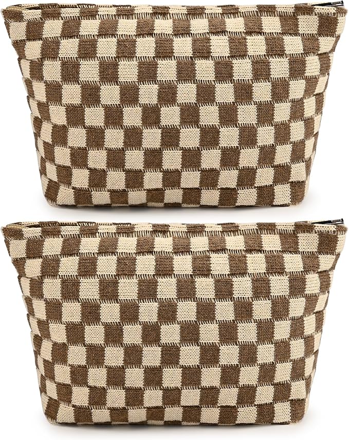 SOIDRAM 2 Pieces Makeup Bag Large Checkered Cosmetic Bag Capacity Canvas Travel Toiletry Bag Organizer Cute Makeup Brushes Aesthetic Accessories Storage Bag for Women, Brown checkered
