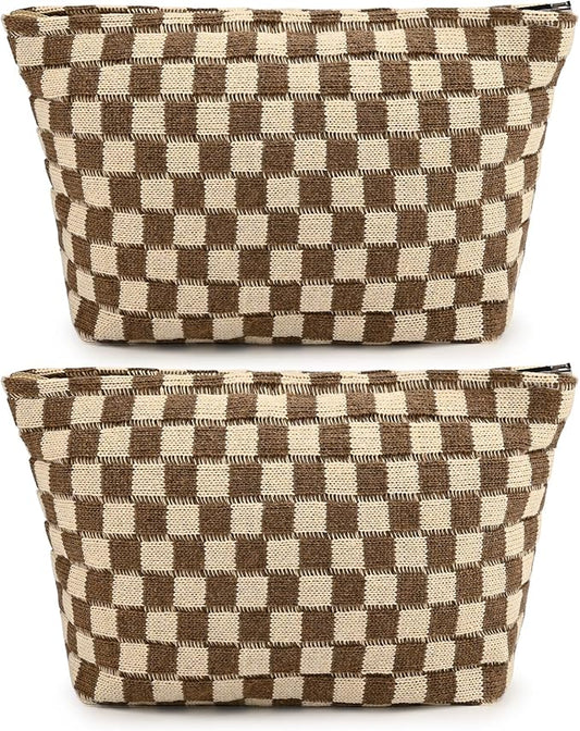 SOIDRAM 2 Pieces Makeup Bag Large Checkered Cosmetic Bag Capacity Canvas Travel Toiletry Bag Organizer Cute Makeup Brushes Aesthetic Accessories Storage Bag for Women, Brown checkered
