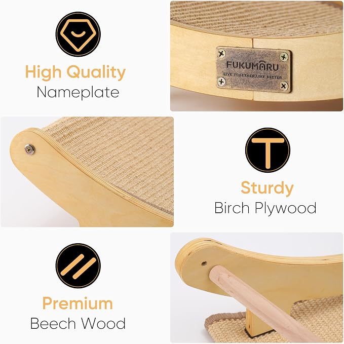 FUKUMARU Sisal Cat Scratcher Bed, Solid Wood Cat Hammock for Indoor Cats | 23.6 Inch Durable Scratching Bed, Large Cat Scratch Pad, Natural Sisal Hammock, Cat Lounger Scratcher for Sleeping (Wood)