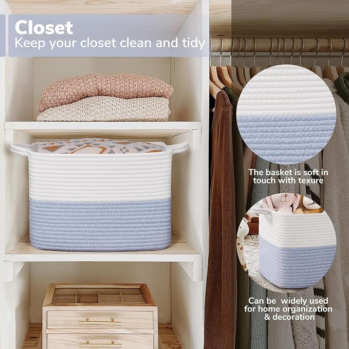 Goodpick Woven Storage Basket for Shelves, 13" x 10" x 9", Light Blue | Stylish Gift Basket for Home Decor, Cotton Rope Baskets for Dog Toys, Books & Shoes Storage, Closet & Shelf Organization