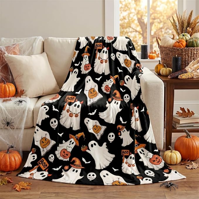 Horaldaily Halloween Black Ghost Pumpkin Skulls Flannel Throw Blanket 50x60 | All Season Using Ultra Soft Fuzzy Plush Cozy Non-shedding Blanket for Couch Sofa Bed Camping, Ideal Gift for Kids Adults