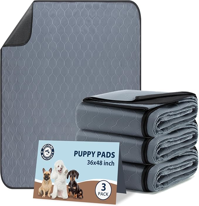 Bunlitent Reusable Puppy Pads 36" x 48", 3 Pack, Grey, Whelping pad | Reusable, Fast Absorbent, Waterproof, Non-Slip, For Whelping, Training, Incontinence & Potty, For Dog Playpen, Crate, Car
