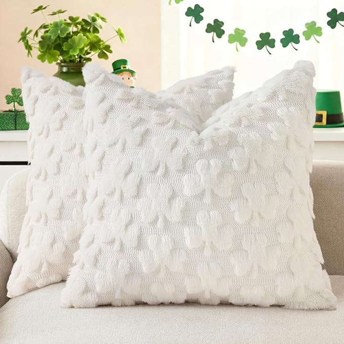 decorUhome Faux Fur Throw Shamrock Cream White Pillow Covers 16x16 Set of 2 | Plush Soft Wool St. Patrick’s Day Throw Pillow Covers, Accent Modern Farmhouse Pillow Covers Holiday Decor for Sofa Bed