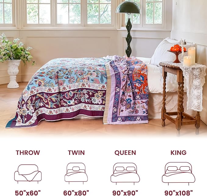MSGKV Boho Throw Blanket 60"x80" Summer Cotton Birds Floral Blanket for Bed | 100 Cotton Muslin, Bird & Floral Throw Blanket, Reversible Weave, Soft & Breathable, Nature Inspired Design, Machine Washable