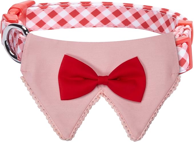 Blueberry Pet Modern Pink Plaid Adjustable Dog Bandana Collar with Bow Tie, Small, Neck 12"-16"