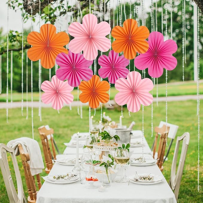 SUNBEAUTY 9 Pcs Hot Pink and Orange Paper Flowers Decorations for Wall, Spring Summer Vibrant Decorations for Wall Rock Party Girl Groovy Birthday Baby Shower Wedding Bachelorette Room Hanging Decor