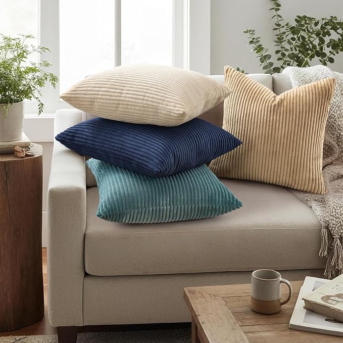 Mecatny Corduroy Decorative Throw Pillow Covers 18x18 Set of 2 Teal | Soft Striped Texture, Hidden Zipper Design, Neutral Boho Square Pillow Cases for Sofa Couch Living Room Bedroom, Home Décor