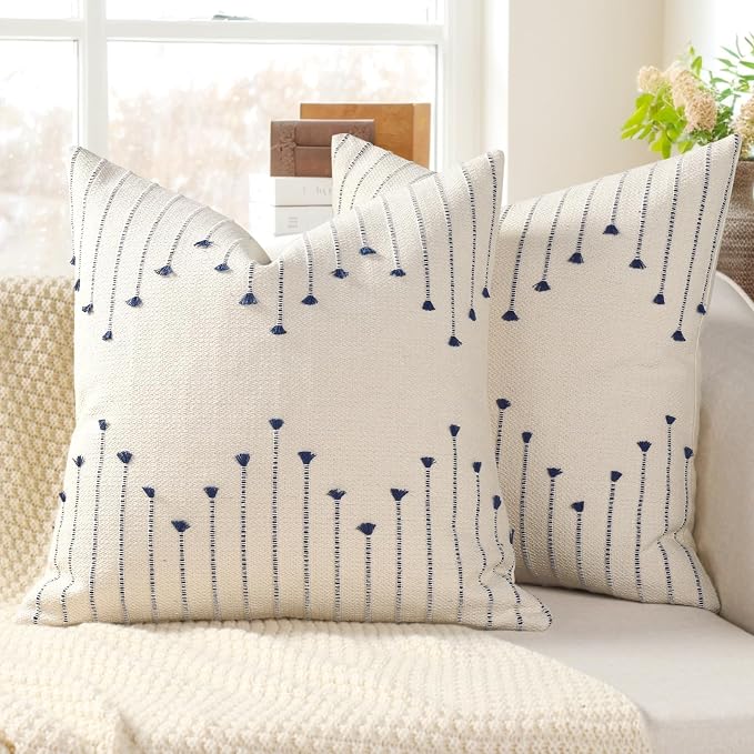 Boho Outdoor Throw Pillow Covers 20x20 Set of 2 Neutral Woven Decorative Pillowcases Cotton Tufted Couch Pillows Modern Farmhouse Cushion Covers for Sofa Couch Bed Living Room Home Decor, Navy Blue