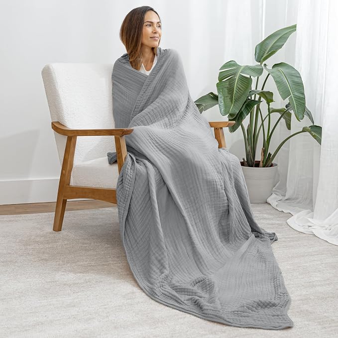 Comfy Cubs Adult Muslin Blanket 50x60” Throw Swaddle Blankets, Heather Blue | 6 Layer Soft, Breathable & Lightweight Muslin Adult Blanket - Machine Washable & Designed in the US Bedding for All Seasons