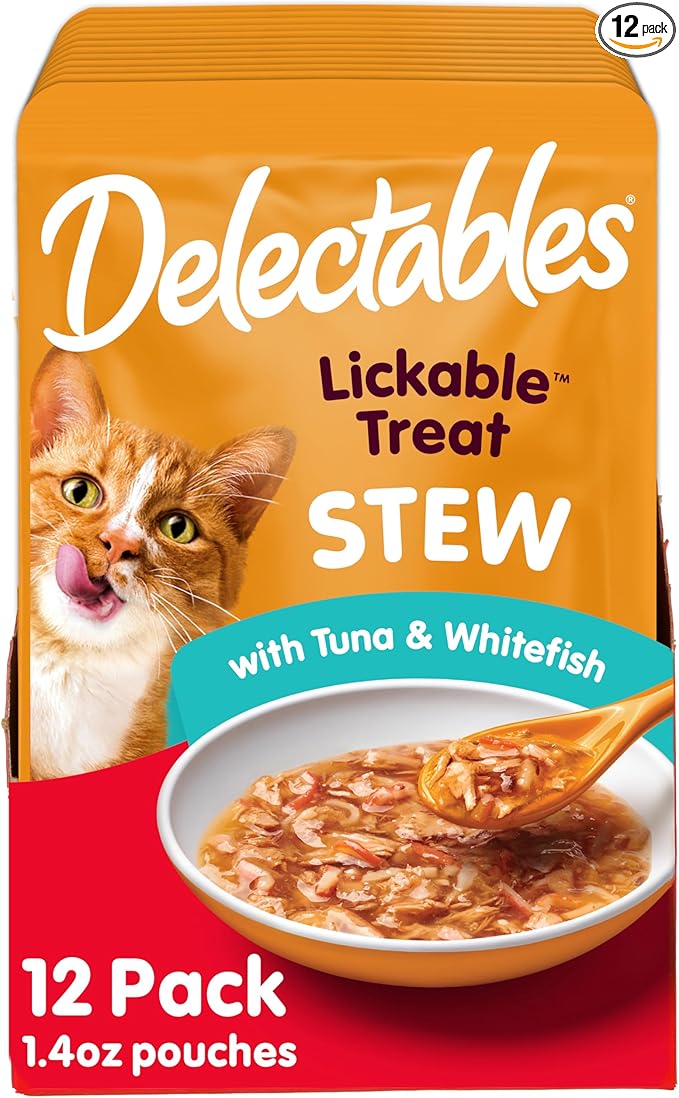 Delectables Lickable Treat Stew Wet Cat Treat with Real Tuna & Whitefish, Food Topper, Hydrating, Grain-Free, No Fillers, No By-Products, No Added Preservatives, 1.4oz Pouch, 12ct
