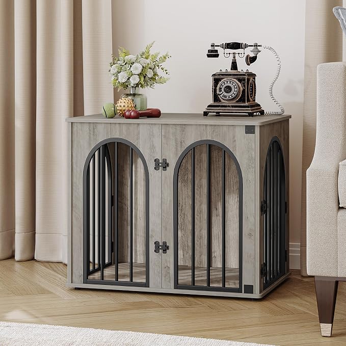 Hzuaneri 26.8'' Dog Crate Furniture, Dog Kennel Indoor for Small Dogs | Dog Kennel Furniture Wooden Dog Cage Heavy Duty Dog Crate Decorative Pet House End Side Table TV Stand,Greige Black DFC85505B