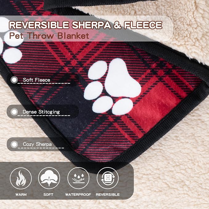 Washable Waterproof Dog Blankets for Large Dogs 60"x80" | Soft Fluffy Pet Blanket for Couch Sofa Car Crate Bed Protector, Reversible Sherpa Fleece Christmas Dog Blanket, Paw Red