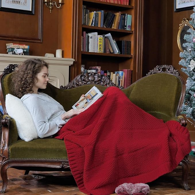 Knit Throw Blanket, Soft Chenille Cozy Breathable Chevron Chunky Decorative Blanket for Couch, Bed & Sofa, French-Inspired Lightweight Warm Gift for Women, Christmas Red, 50"x60"