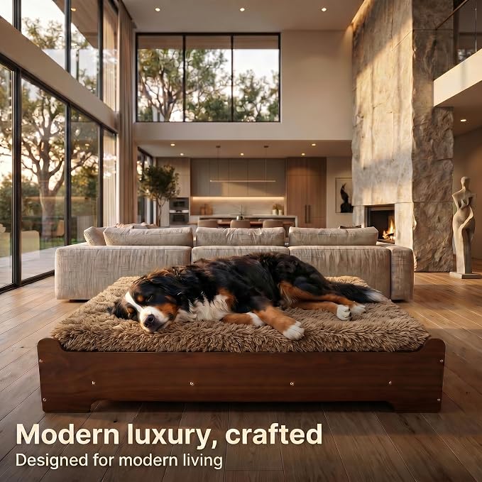 Elevated Wood Dog Bed Frame with Foam Mattress, WalnutPattern, XL | Raised Dog Bed with Washable Cover, Furniture-Style Design for Indoor Living