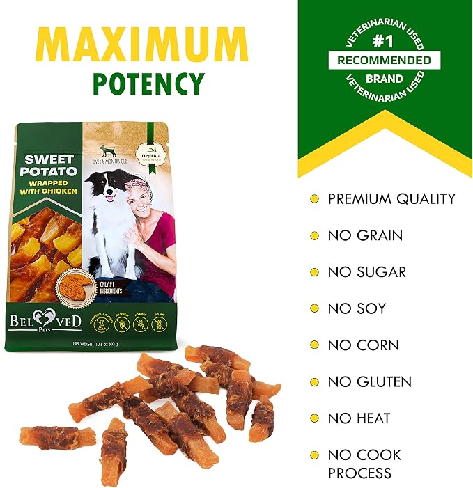 Beloved Pets Sweet Potato Dog Treats & Chicken Jerky Wraps 1.5 Pound - Dog Food & High Protein Soft Chews for Large, Medium & Small Breeds, Sweet Potato Wrapped Chicken