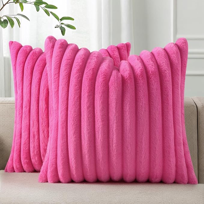 Pallene Faux Fur Decorative Throw Pillow Covers 18x18 Set of 2, Hot Pink | Luxury Plush Texture, Striped Design, Cozy Soft Touch, Modern Home Accent Decor for Couch, Sofa, Bed, Living Room