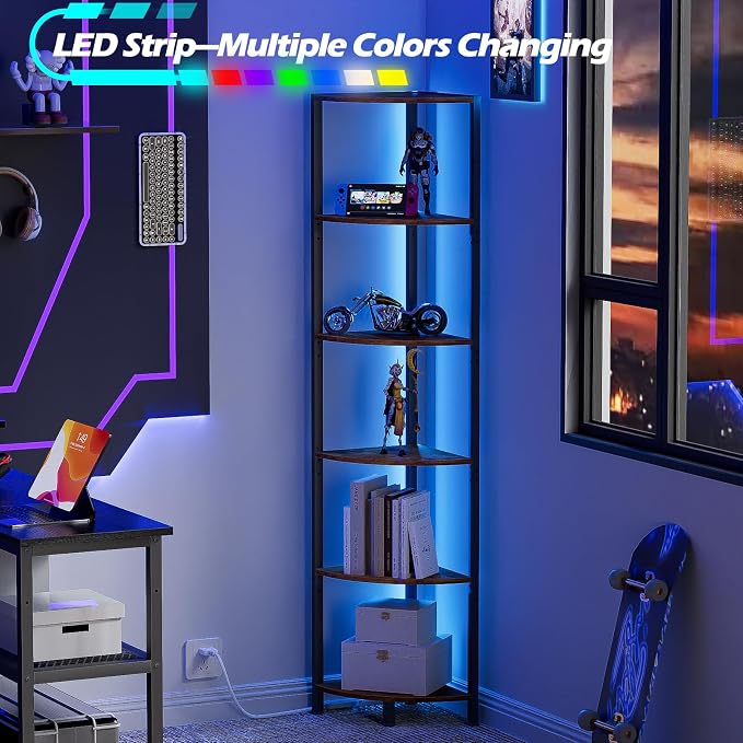 6 Tier Corner Shelf with LED Light, 67.5" Corner Narrow Bookshelf | Tall Standing Shelf Organizer, Storage Rack for Wall Corner, Living Room, Bedroom, Metal Frame, Wood Display Shelf