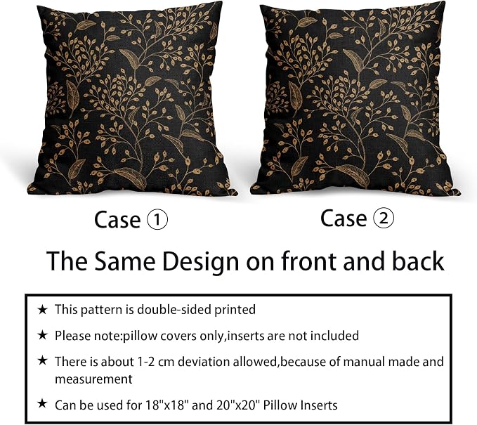 Boho Pillow Covers 18X18 Inch Set of 2 Black Gold Floral Leaves Decorative Pillow Cases Vintage Flower Leaf Cotton Linen Cushion Case Farmhouse Home Decor for Sofa Couch Porch Outdoor