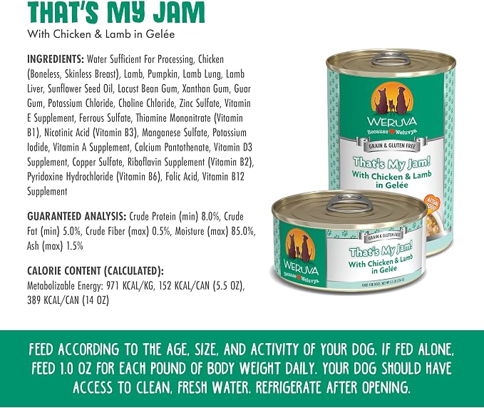 Weruva Classic Dog Food, That's My Jam! with Chicken & Lamb in Gelée, 14oz Can (Pack of 12)