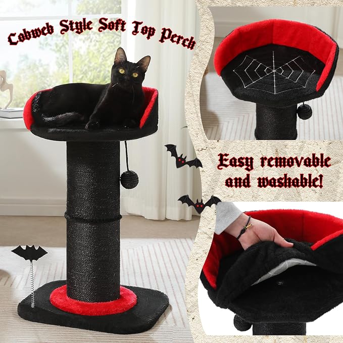 PEQULTI Gothic Cat Scratching Post, Super Thick 5.5in Sisal Post, Black | Small cat & kitten scratcher: removable cat bed, sisal + spring ball, enlarged double base; Gothic black cat tree