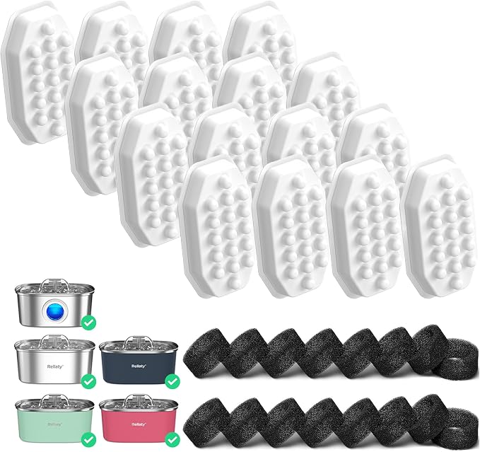 Rellaty Official 32PCS Cat Water Fountain Filters Replacement | For 3.2L/108oz Automatic Pet Water Fountain (16 filters +16 sponges)