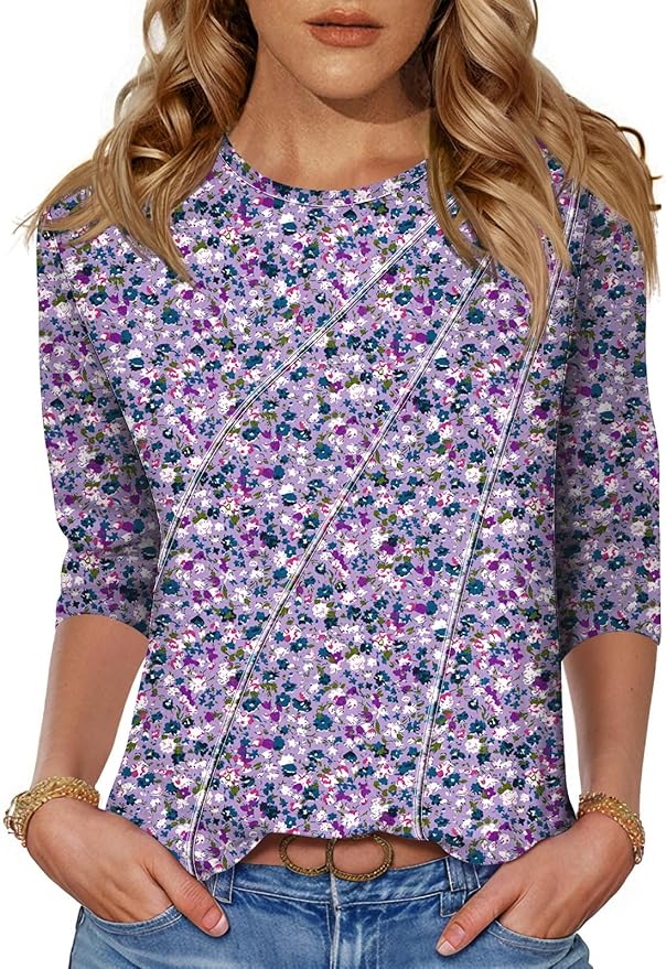 LOMON 3/4 Length Sleeve Womens Tops Spring Summer Fashion 2026 Tops Crew Neck Pleated Shirts Tunic Top Loose Fit
