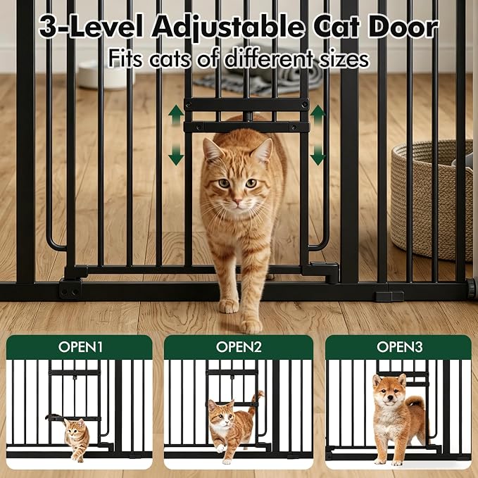 Adjustable Pet Gate 29.5-43“ with Cat Door, Black | U-Shaped Iron Gate, Two Installation Methods, Suitable for Stairs and Doorways