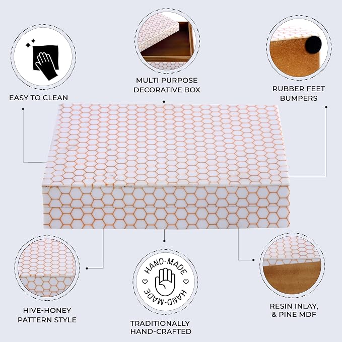 Handicrafts Home Large Decorative Storage Box with Lid– 8x6x1.5” Coffee Table Organizer, Keepsake-Decorative Boxes for Home Decor, Stylish Decorative Box for Office Décor-Hive Honey