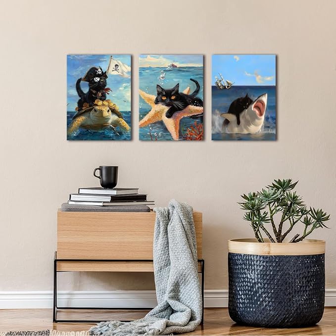 Framed Black Cat Wall Art Funny Cat Shark Turtle Starfish Canvas Wall Decor Ocean Abstract Black Cat Posters Pictures Print for Bedroom Living Room Bathroom 16x24 In