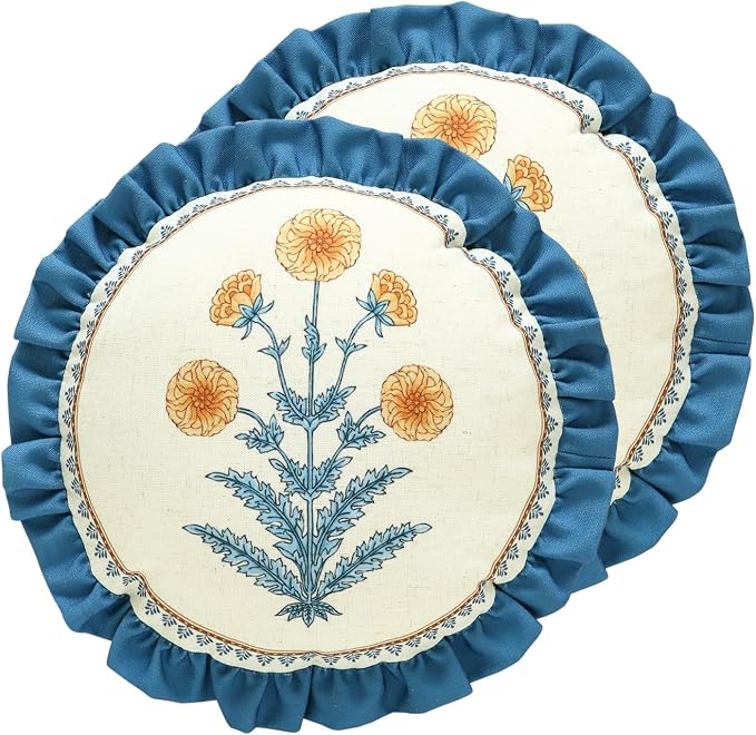Linen Round Throw Pillow Cover,Set of 2,Diameter 16"-Estevan D | Designer French Elegant Pillow Cover,Concealed Zipper Design,Sofa,Bedroom,Living Room,Lounge Chairs,All Season Home Decor