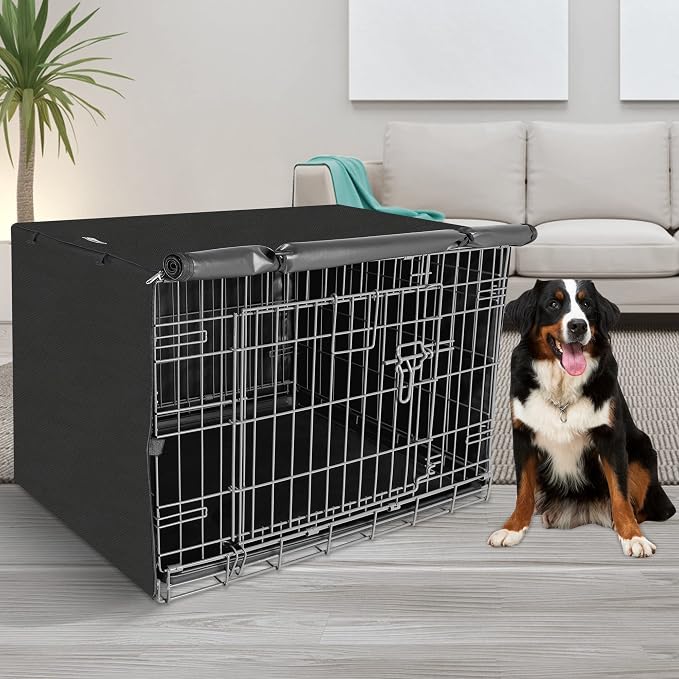 Seiyierr 48 Inche Dog Crate Cover, Double Door Dogs Kennel Covers for Large Wire Crate, Lightweight 600D Polyester Windproof, Cover Only, Black