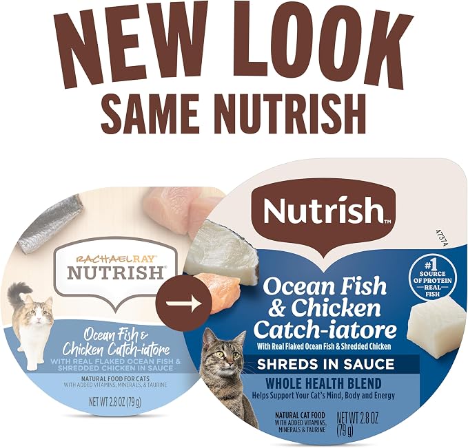 Nutrish Fish & Chicken Wet Cat Food, 2.8 oz. Cup (24 Pack) (Rachael Ray) | Made with Real Flaked Ocean Fish & Shredded Chicken in Sauce, Grain Free Recipe, Lean Protein Helps Support Muscular Health