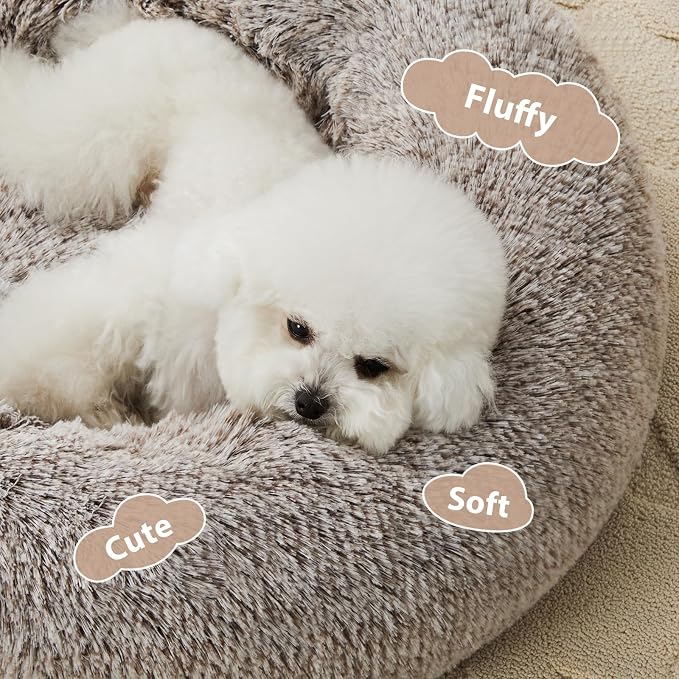 WNPETHOME Small Round Calming Dog Bed Cat Bed for Comfy Sleep | Dog Bed For Small Dog, Cute Washable Puppy Bed with Fuzzy Plush, Fur Anxiety Pet Bed Donut Cuddler (20x20x8in, Light Coffee)