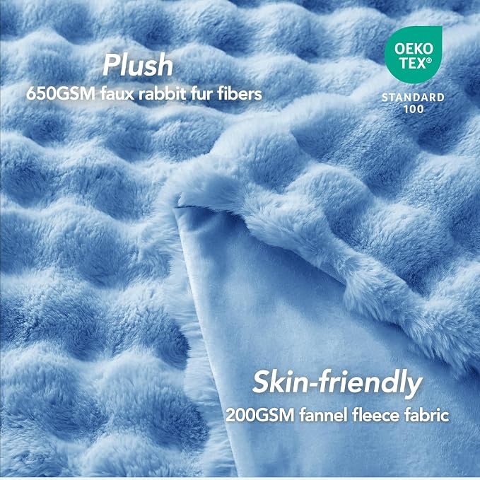 L'AGRATY Faux Rabbit Fur Throw Blanket for Couch, 90'' x 90'', Airy Blue | Soft Cozy Bubble Fluffy Blanket for Sofa Bed, Thick Warm Plush Fuzzy Throw for Room Home Decor, Luxury Gift for Women Mom
