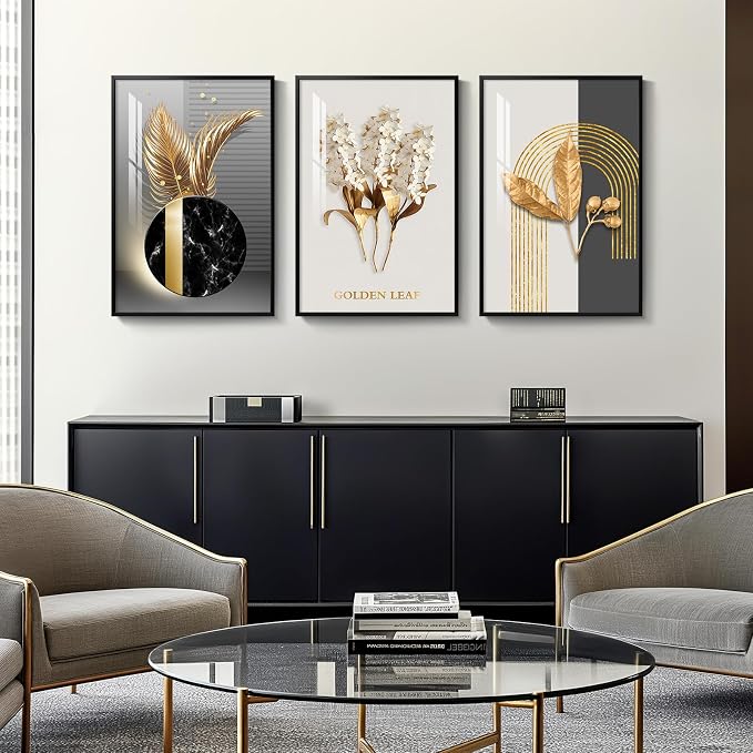Framed Modern Luxury Large Wall Art for Living Room, Set of 3 Piece Black White Gold Contemporary Abstract Paintings Artwork for Walls, Big Prints Pictures for Office Wall Decor -Total 30" x 60"