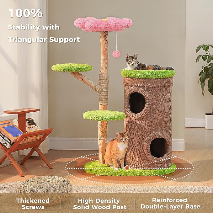 MUTTROS Flower Wood Cat Tree, 53.5" Modern Cat Tower with 2 Condos | Natural solid wood scratching post, durable 2 condos and forest-style design for indoor and multi-cat households