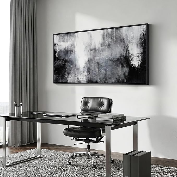Large Framed Black and White Abstract Wall Art for Living Room, 30x60 In | Grey horizontal canvas prints, Neutral modern pictures, Minimalist artwork, Modern wall decor for bedroom dining room office