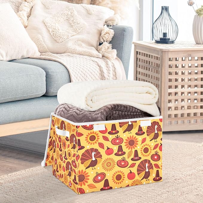 Thanksgiving Sunflower Turkey Storage Bins with Lids and Carrying Handle,Foldable Storage Boxes Organizer Containers Baskets Cube with Cover for Home Bedroom Closet Office