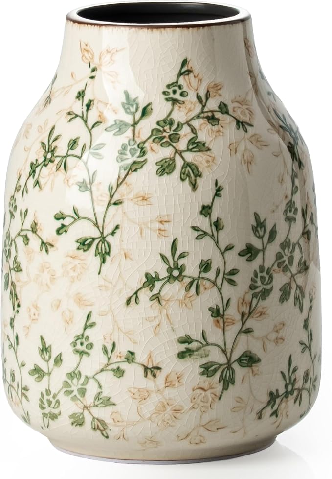 Ceramic Flower Vase for Home Decor, Vintage Green Decorative Vase 7.8 Inch | Rustic Farmhouse Floral Vase for Coffee Table, Mantel, Living Room, Kitchen, Bookshelf, Entryway, Wedding Centerpiece