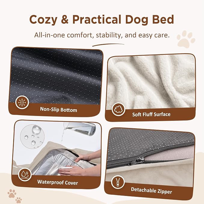 Comfort Expression Waterproof Orthopedic Dog Beds for Extra Large Dog | Supportive Egg Crate Foam Big Dog Bed with Removable Bolster, Dog Couch with Washable Cover & Non-Slip Bottom, 53x42Inch