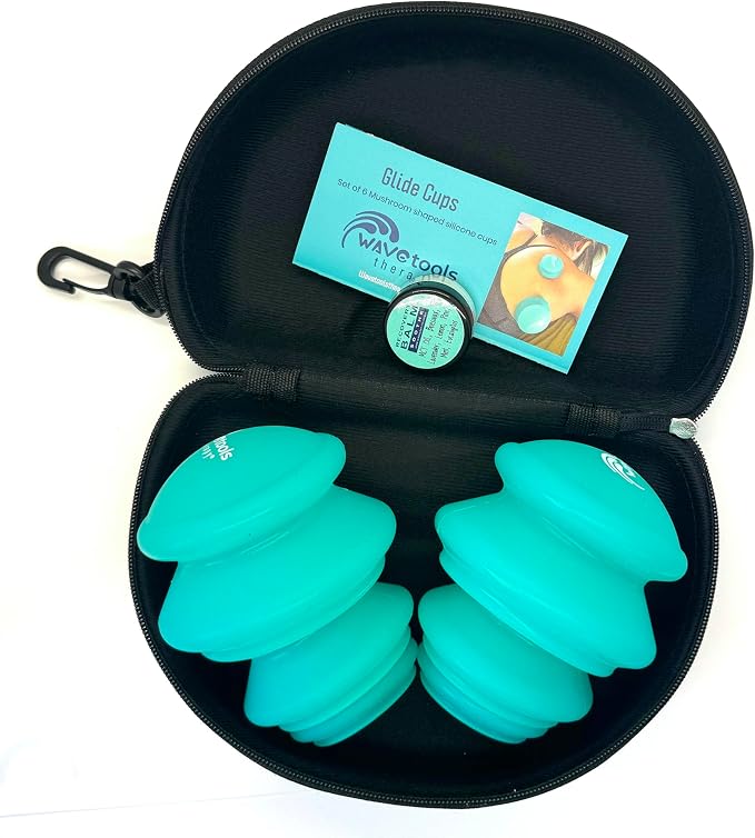 Wavetools Therapy Glide Silicone Sport Cupping set of 6 mushroom cups in case Ideal for massage, myofascial release, circulation and scars. (Matte Teal finish)