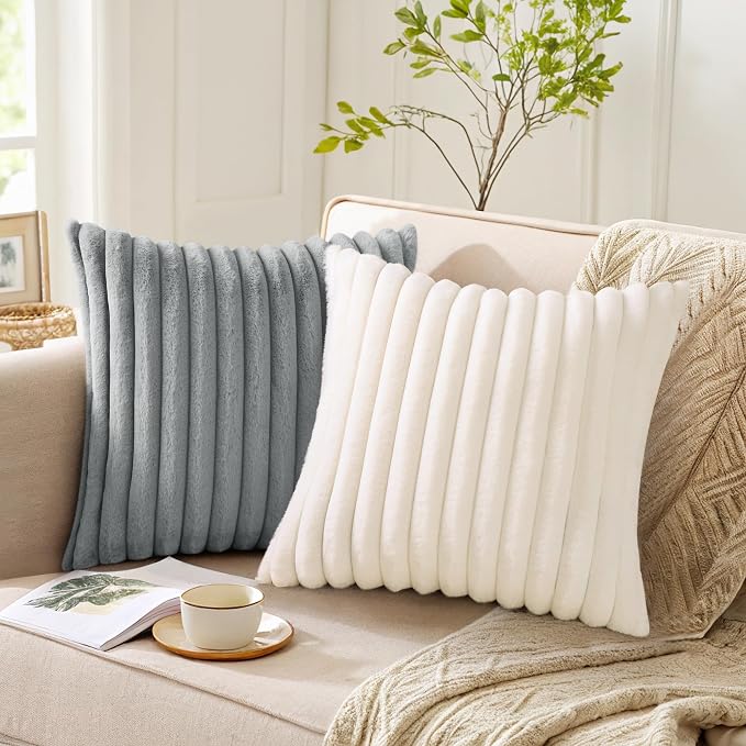 Pallene Faux Fur Decorative Throw Pillow Covers 24x24 Set of 2, Grey | Luxury Plush Texture, Striped Design, Cozy Soft Touch, Modern Home Accent Decor for Couch, Sofa, Bed, Living Room