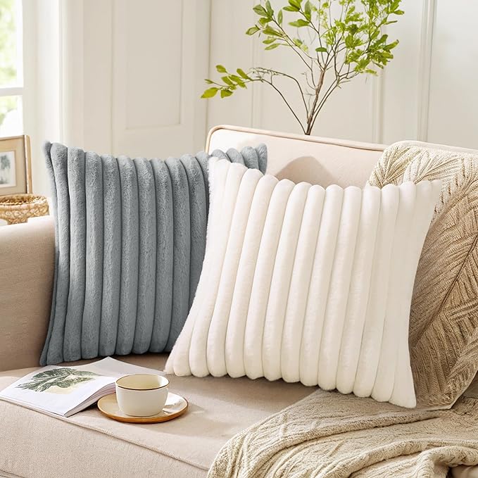 Pallene Faux Fur Decorative Throw Pillow Covers 12x20 Set of 2, Grey | Luxury Plush Texture, Striped Design, Cozy Soft Touch, Modern Home Accent Decor for Couch, Sofa, Bed, Living Room