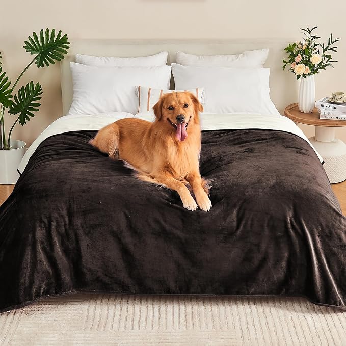 Waterproof Blanket 80"x90" for Adults, Reversible Waterproof Bed Cover for Dogs Cats Pets, Soft Leakproof Blanket for Bed Couch Sofa Furniture Protector, Brown/Off White