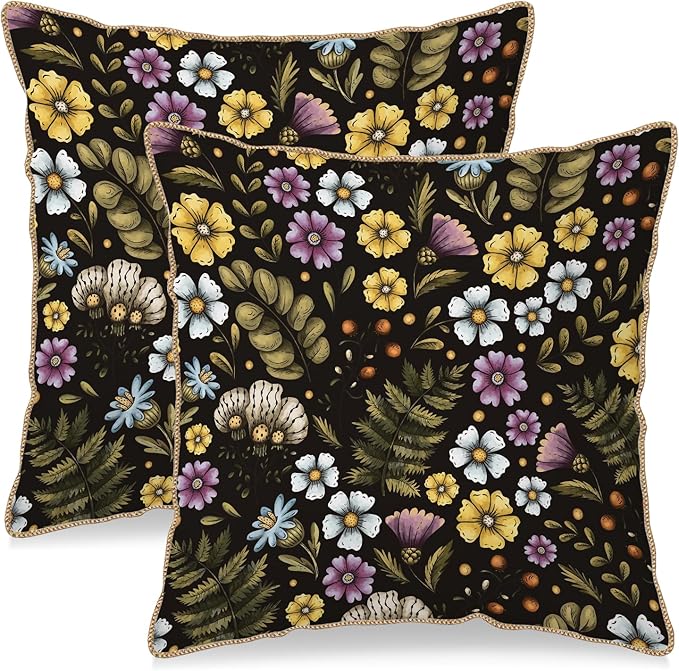 Blue Yellow Purple Floral Soft Velvet Throw Pillow Covers Set of 2 Plant Botanical Flowers Decorative Pillow Covers 20x20 In Vintage Black Pillow Case For Sofa Couch Living Room Farmhouse Home Decor