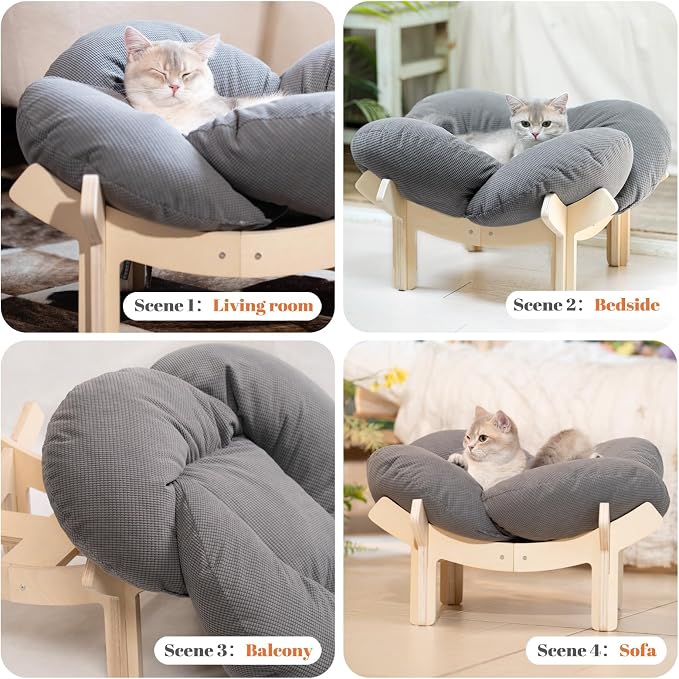 Elevated Cat Bed for Indoor Cats Couch Sofa Flower | Pet Beds with Soft Washable Cushion, Stable Wooden Frame, Raised Cat Hammock & Furniture for Kitty & Puppy All-Season(Gray)