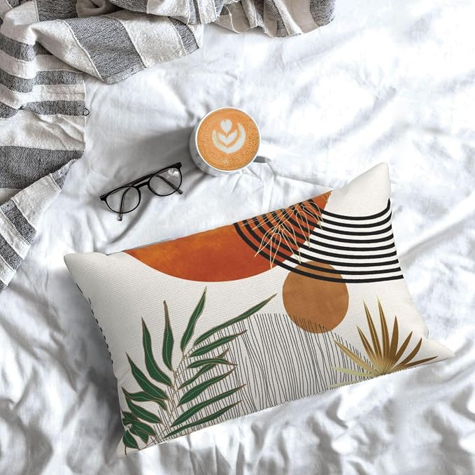 Boho Pillow Covers 12x20 Set of 2 Green Gold Orange Throw Pillows Tropical Leaves Sunset Modern Mid Century Decorative Pillowcase Outdoor Bohemian Linen Cushion Case for Couch Sofa Bed Decor