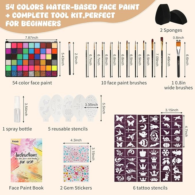 Pintada 54 Color Face Painting Kit for Kids - Non Toxic Water Activated Face Paint Palette with Stencils, Brushes, Gems & Book. For Halloween, Carnival, Party; Costume Makeup for Creative Activities