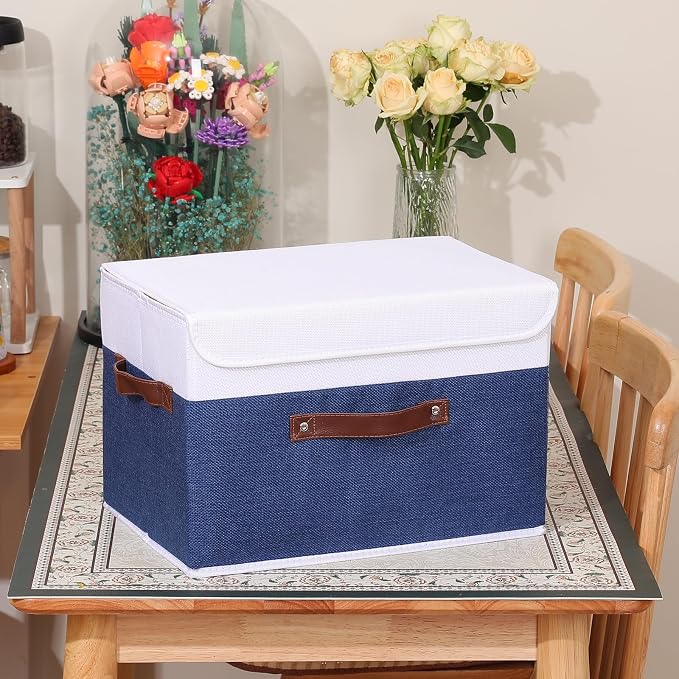 ANMINY Fabric Storage Box Bins with Lids, Blue White, 15"x10"x10" | Keepsake Memory Storage, Cotton Linen, PP Board Reinforced, Washable, PU Handles, Foldable & Stackable, Decorative, Large